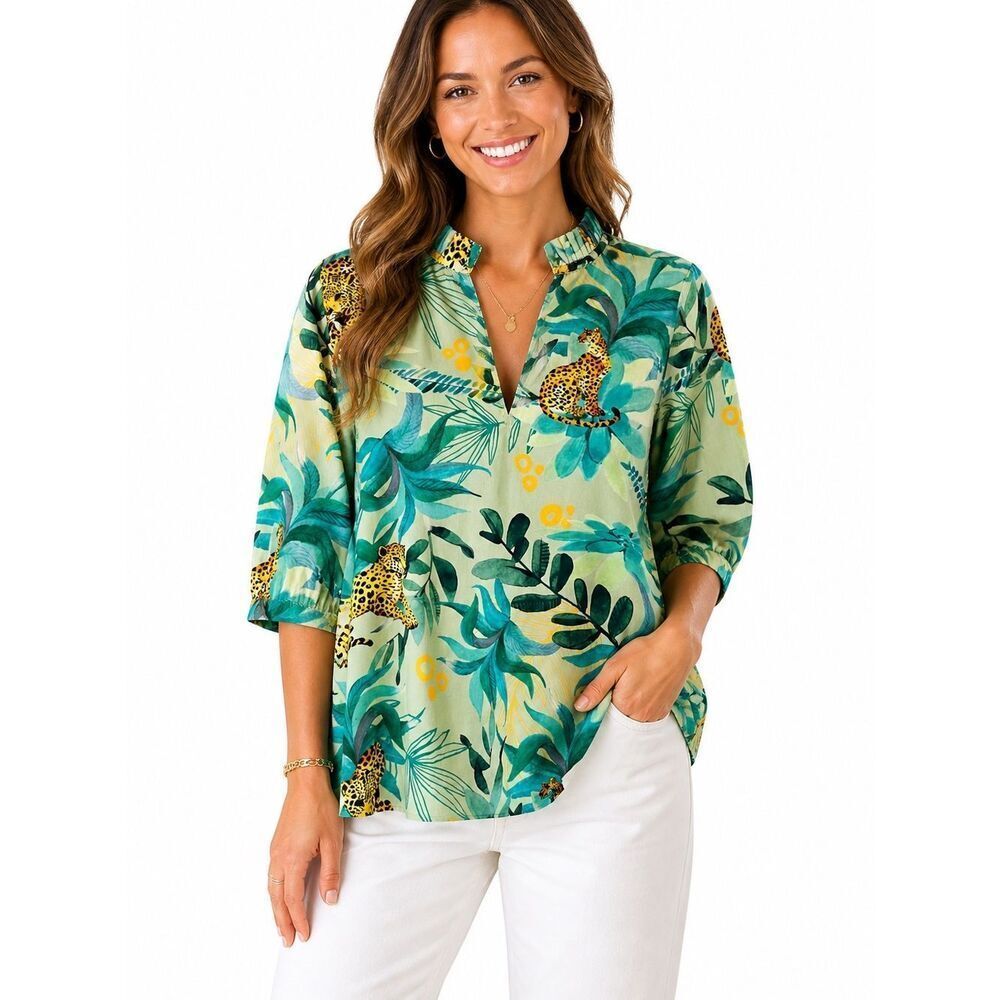 Amaya Tropical Leopard Print Blouse Green Cotton Resort Top S NWOT